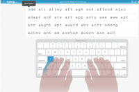 Screenshot of keyboard showing finger position for typing the letter 'a' and words including 'a' for practice