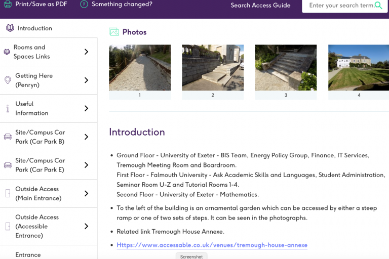 Screenshot of an AccessAble guide for Tremough House, Penryn campus