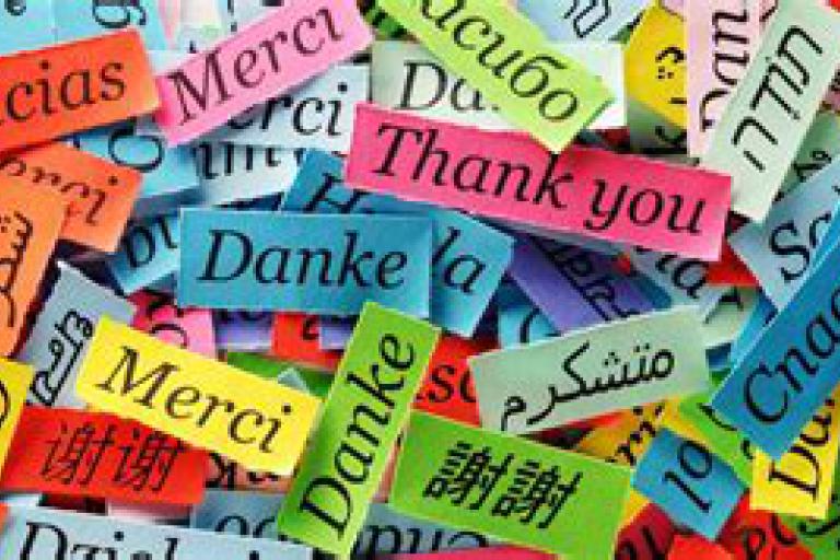 multi-couloured cards saying thank you in different languages