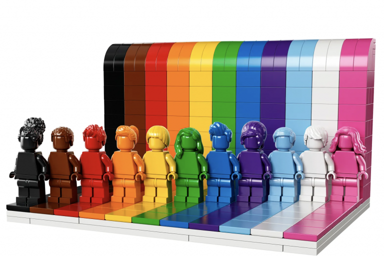 A rainbow of Lego minifigures.