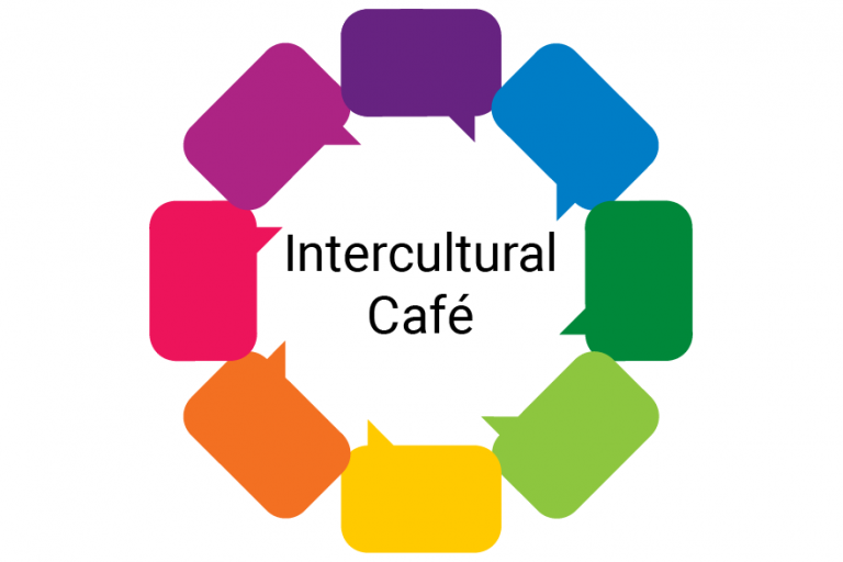 Intercultural Cafe Logo - circle of 8 speech-bubble in multicolour. 