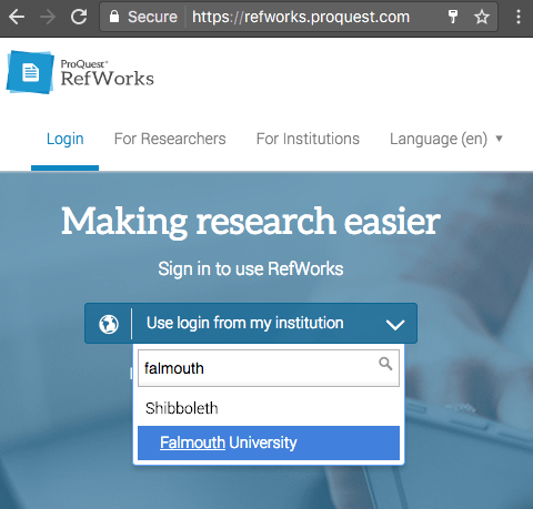 Refwork screenshot showing the log in box