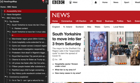 Screenshot of Headings Map showing the headings structure in a BBC News webpage