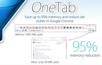 Screenshot showing how OneTab extension cuts down memory use by combining open tabs in one page