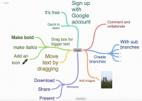 Screenshot of a Coggle mind map showing coloured branches, images and icons