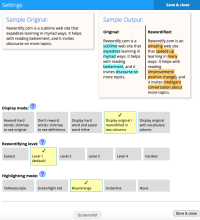 Screenshot of Rewordify settings showing choice of display mode, level and highlighting.