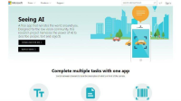Screenshot of Microsoft's Seeing AI page showing mobile phone pointed at a car and some icons representing what the app does