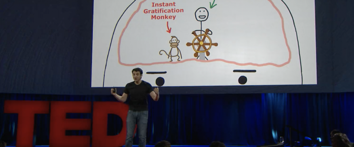 Clip of TED video delivered by Tim Urban showing a cartoon with a Rational Decision-Maker next to an Instant Gratification Monkey