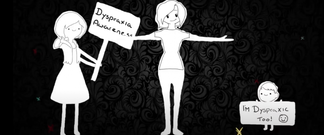 dyspraxia video still showing cartoon people with dyspraxia signs.